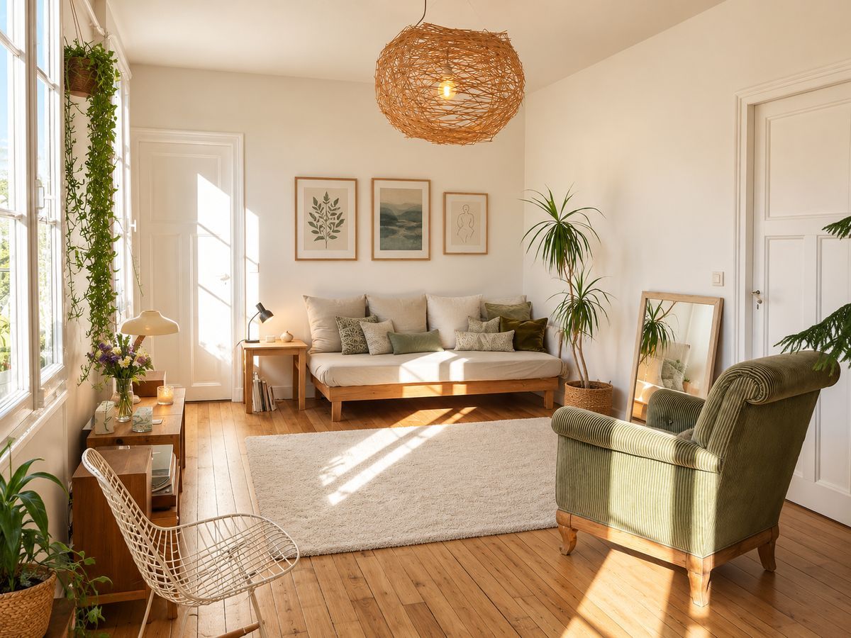Le cabinet de Rosalie Monnet à Saint-Germain-en-Laye : un canapé, un fauteuil vert, des plantes et beaucoup de lumière naturelle